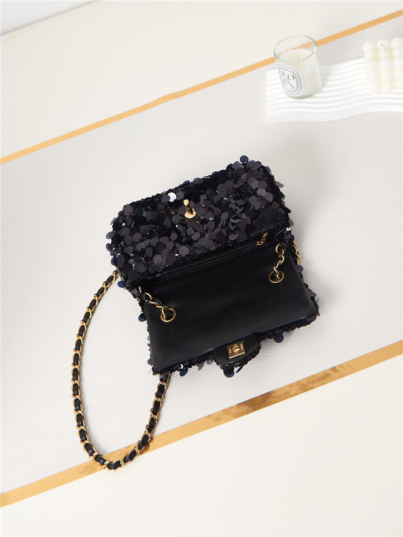 Mini CLASSIC HANDBAG Sequins & Gold-Tone Metal Black A