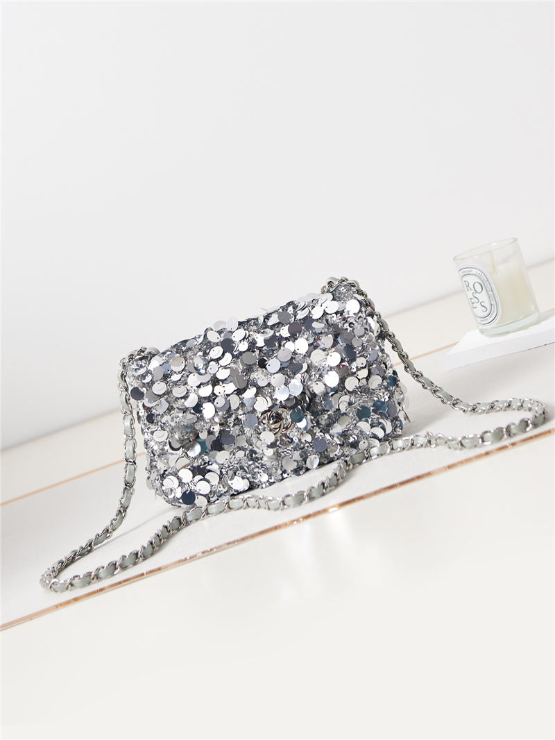 Mini CLASSIC HANDBAG Sequins & Gold-Tone Metal Silver A