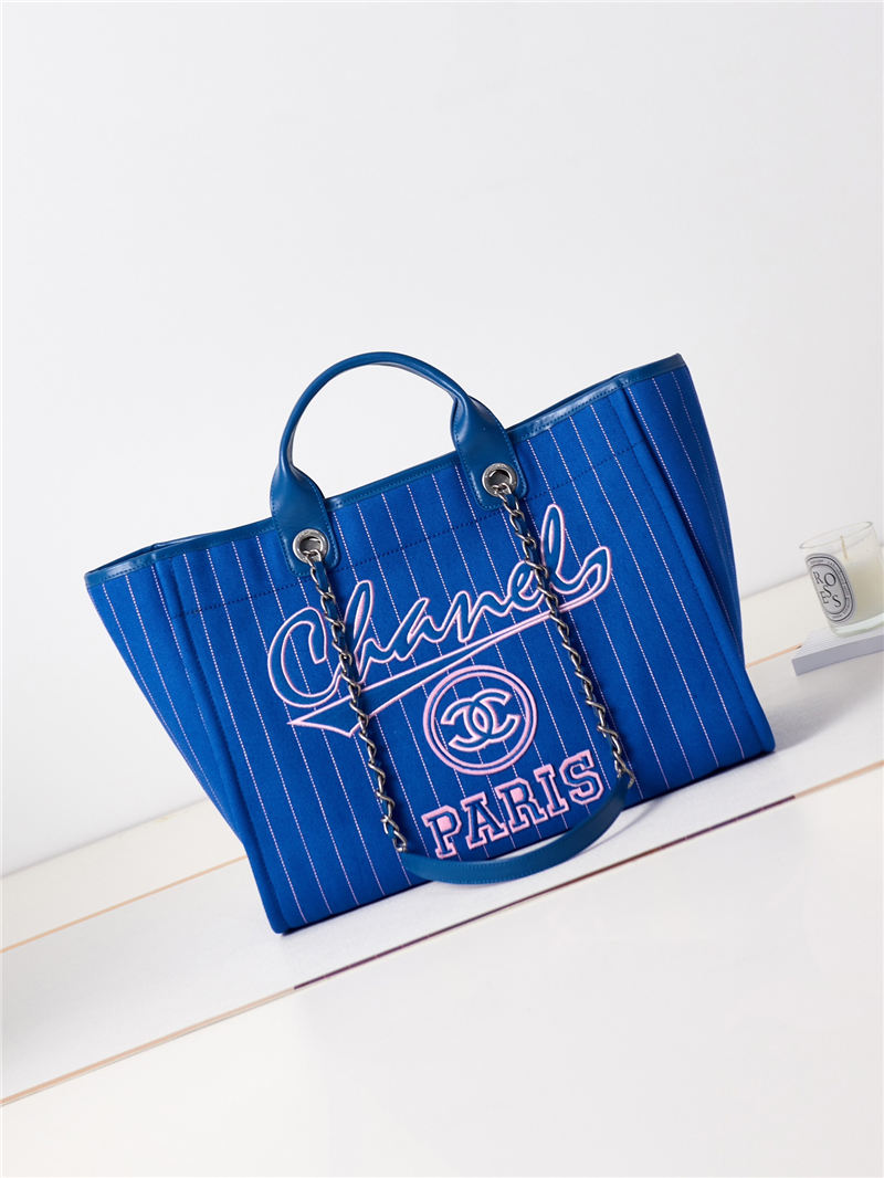 LARGE SHOPPING BAG Cotton, Calfskin & Silver-Tone Metal A66941 Blue High