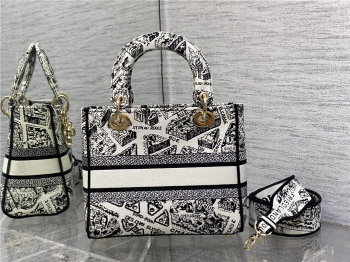 MEDIUM LADY D-LITE BAG Plan de Paris Embroidery White/Black High