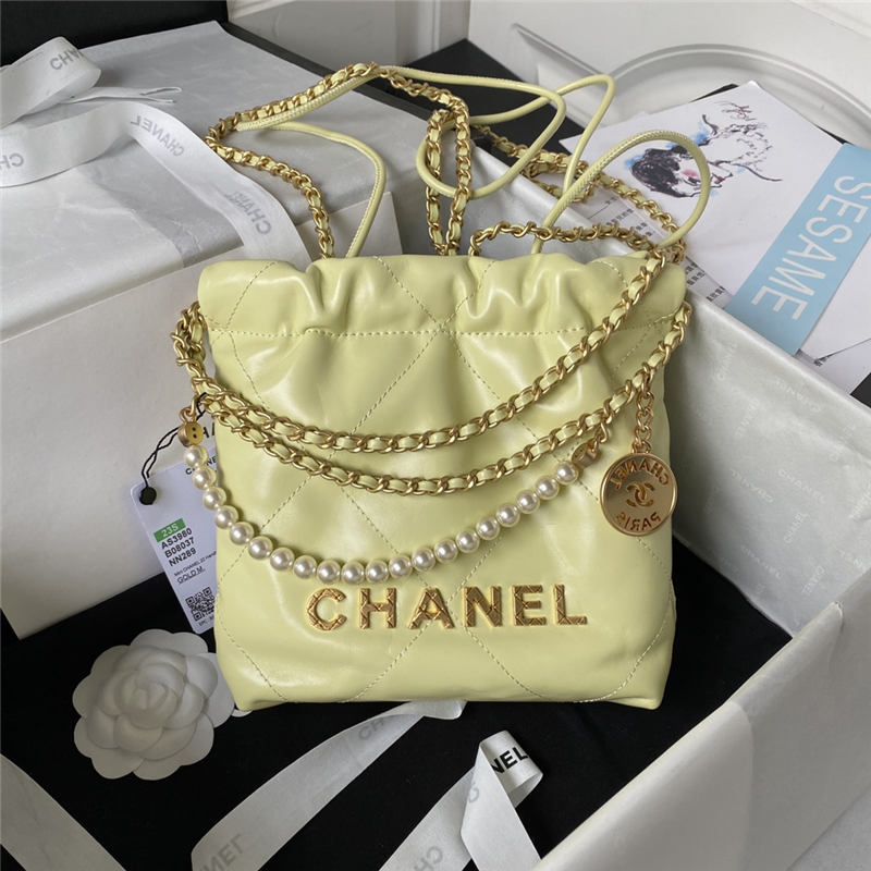 Chanel 22 MINI HANDBAG Shiny Calfskin Light Yellow Pearl & Gold-Tone Metal AS3980 High