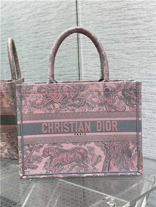 MEDIUM Dior BOOK TOTE Toile de Jouy Embroidery Pink&Grey High