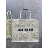 LARGE Dior BOOK TOTE Embroidered with 3D Flowers White High