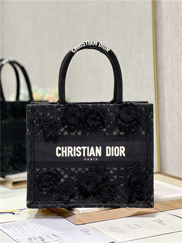 SMALL Dior BOOK TOTE Embroidered with 3D Flowers Black High