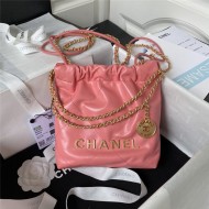 Chanel 22 MINI HANDBAG Shiny Calfskin Pink-Dk & Gold-Tone Metal AS3980 High