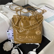 Chanel 22 MINI HANDBAG Shiny Calfskin Brown & Gold-Tone Metal AS3980 High