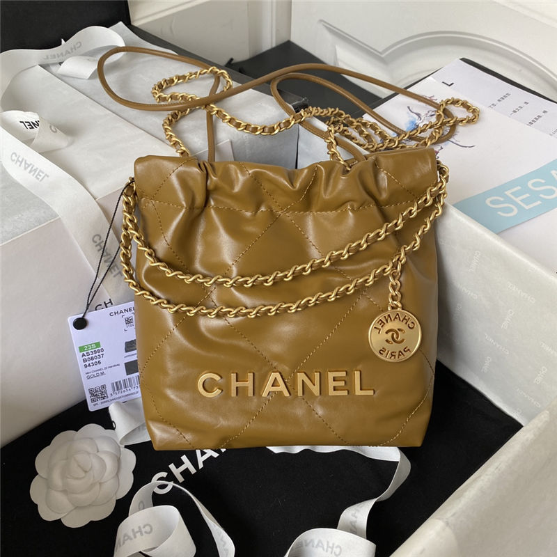 Chanel 22 MINI HANDBAG Shiny Calfskin Brown & Gold-Tone Metal AS3980 High