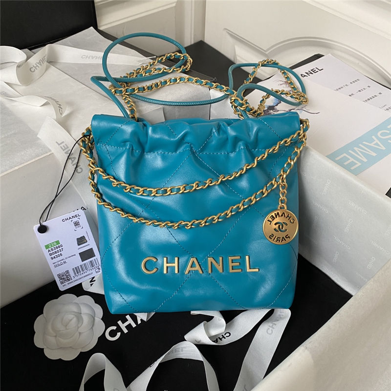 Chanel 22 MINI HANDBAG Shiny Calfskin Blue-Dk & Gold-Tone Metal AS3980 High