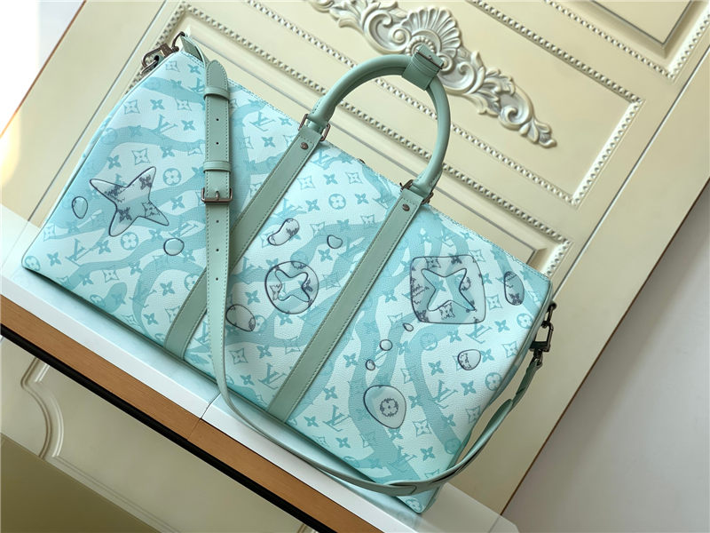 Louis Vuitton Keepall Bandoulière 50 Monogram Aquagarden coated canvas Crystal Blue M22570 High