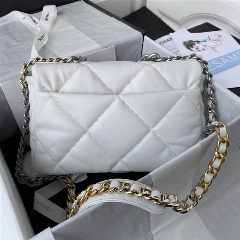 Large Chanel 19 Flap Bag Goatskin/Lambskin White Silver High