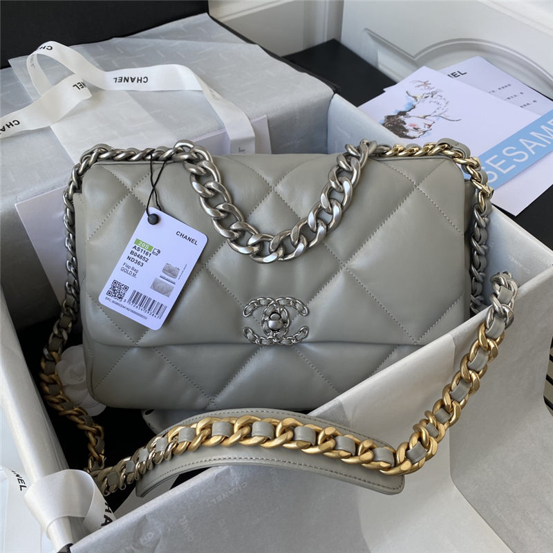 Large Chanel 19 Flap Bag Goatskin/Lambskin Grey Silver High