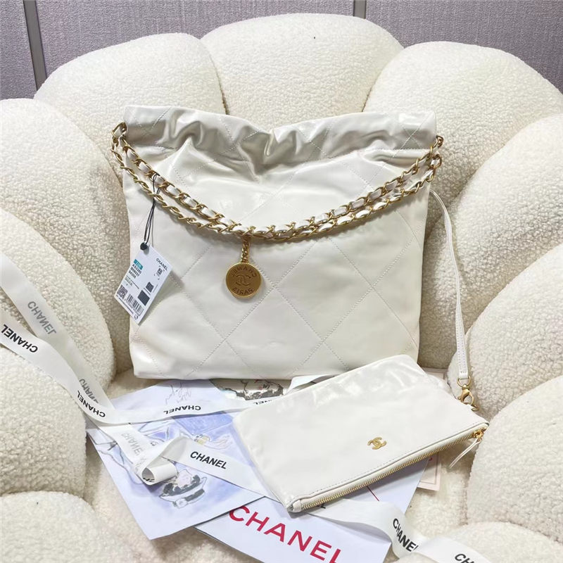 Chanel 22 SMALL HANDBAG Shiny Calfskin & Gold-Tone Metal AS3260 White High