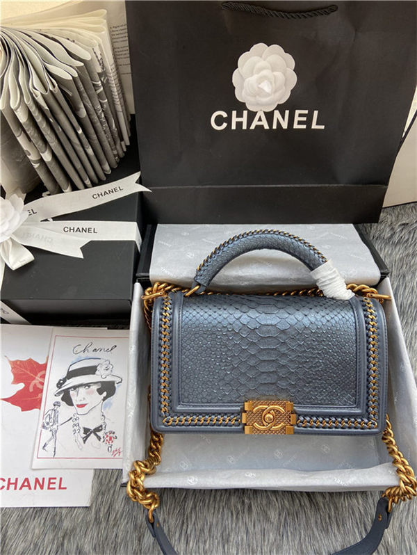 BOY Chanel FLAP BAG WITH HANDLE Python & Gold Metal High