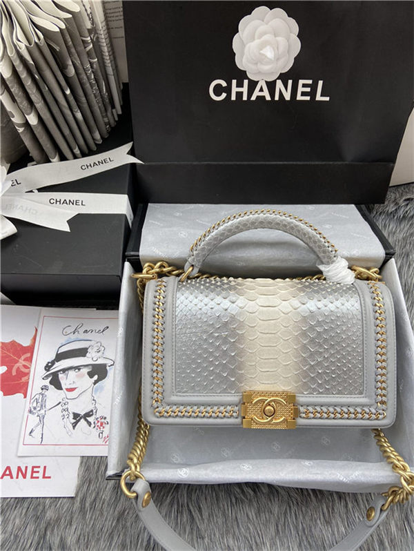 BOY Chanel FLAP BAG WITH HANDLE Python & Gold Metal High