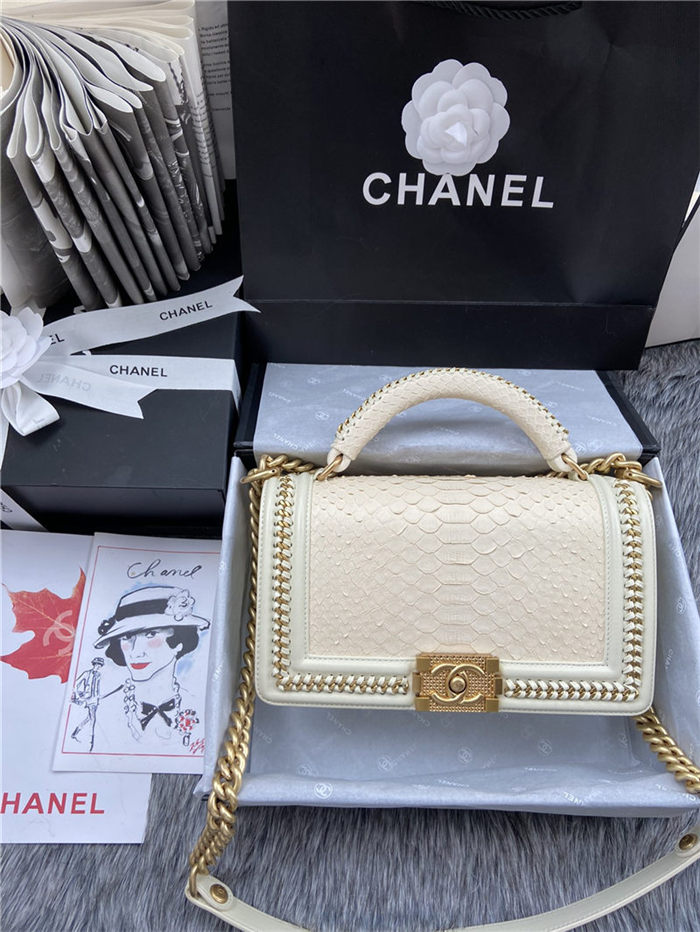 BOY Chanel FLAP BAG WITH HANDLE Python & Gold Metal High