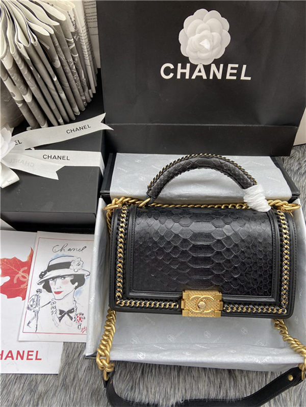 BOY Chanel FLAP BAG WITH HANDLE Python & Gold Metal High