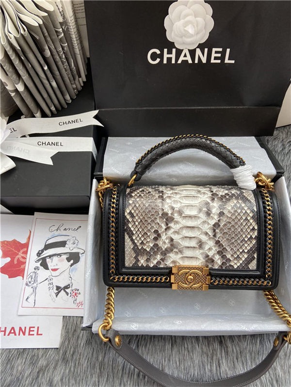 BOY Chanel FLAP BAG WITH HANDLE Python & Gold Metal High