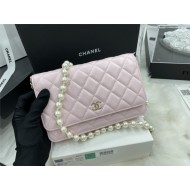 Chanel Wallet on Chain Lambskin Imitation Pearls & Gold-Tone Metal Pink High