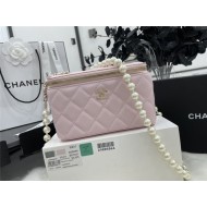 Chanel VANITY WITH CHAIN Lambskin Imitation Pearls & Gold-Tone Metal Pink High