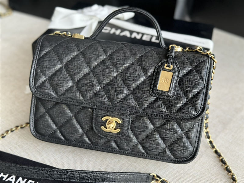 Chanel FLAP BAG WITH TOP HANDLE Grained Calfskin & Gold-Tone Metal AS3653 Black A