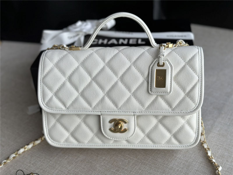 Chanel FLAP BAG WITH TOP HANDLE Grained Calfskin & Gold-Tone Metal AS3653 White A