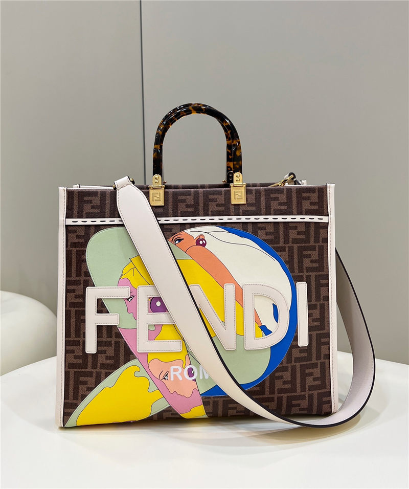 MEDIUM Fendi SUNSHINE FF glazed fabric shopper with inlay High