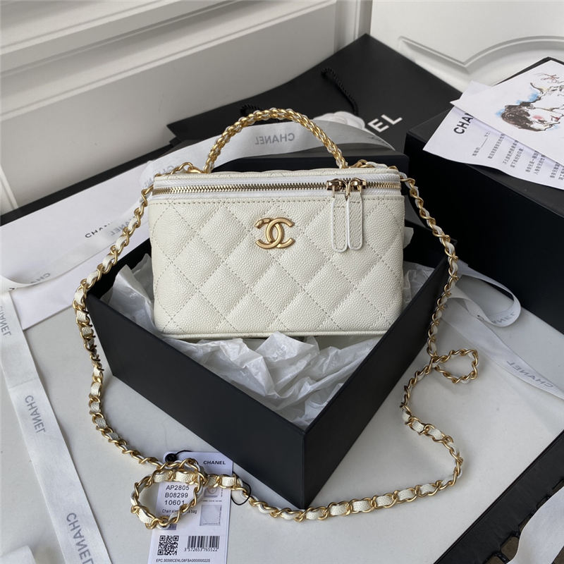 Chanel VANITY WITH CHAIN AP2805 Grained Calfskin & Gold-Tone Metal White A