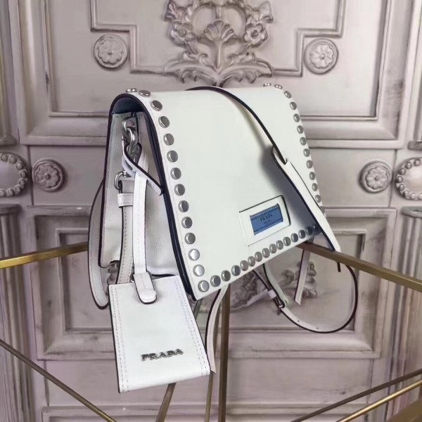 Prada Etiquette Bag In White Calfskin With Metal Stud Trim High