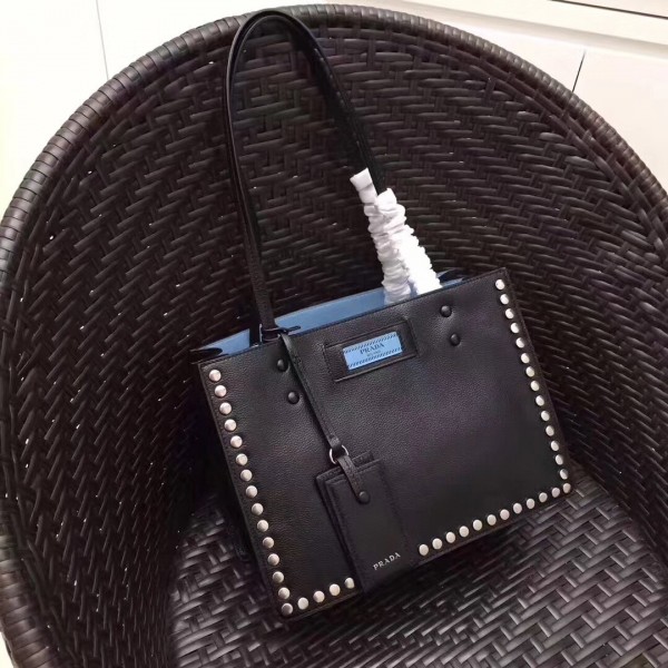 Prada Black Etiquette Calfskin Tote With Metal Stud Trim High