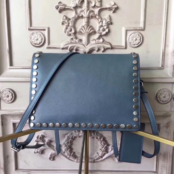 Prada Etiquette Bag In Blue Calfskin With Metal Stud Trim High