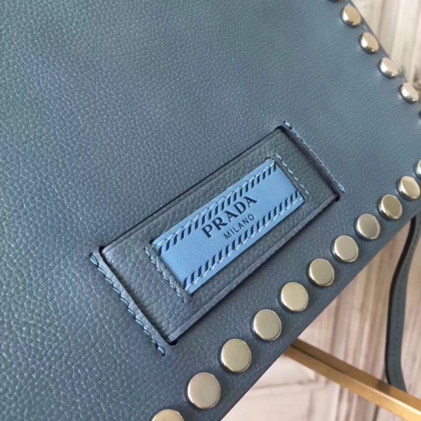 Prada Etiquette Bag In Blue Calfskin With Metal Stud Trim High