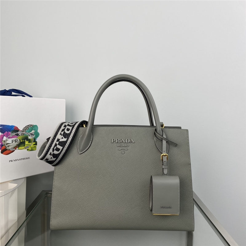 Prada Large Monochrome Bag 1BA155 In Grey Saffiano Leather High