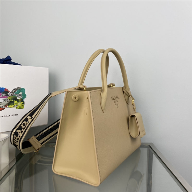 Prada Large Monochrome Bag 1BA155 In Beige Saffiano Leather High