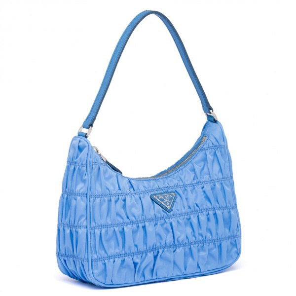 Prada Mini Hobo Bag In Blue Nylon and Leather High