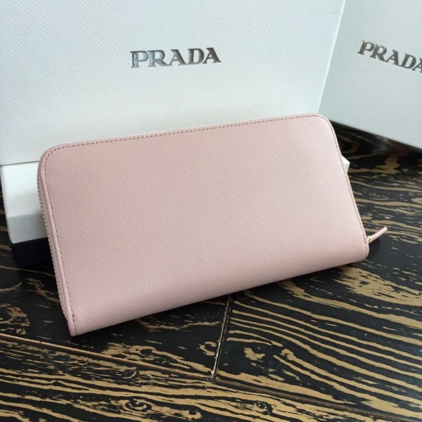 Prada Zipped Wallet In Light Pink Saffiano Leather High