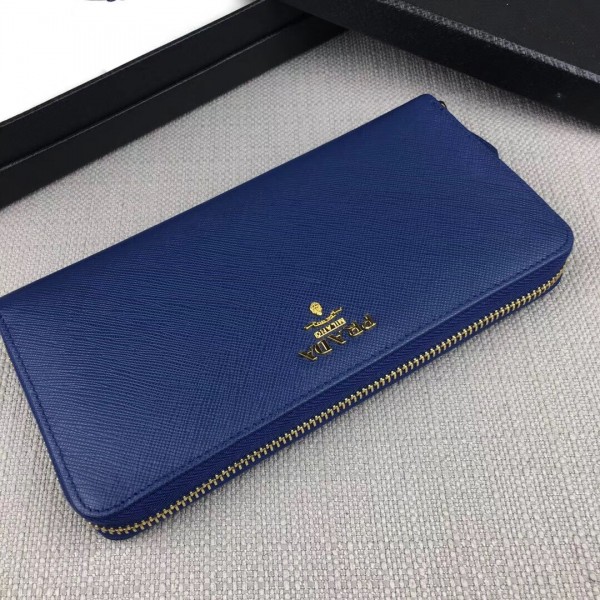 Prada Zipped Wallet In Blue Saffiano Leather High