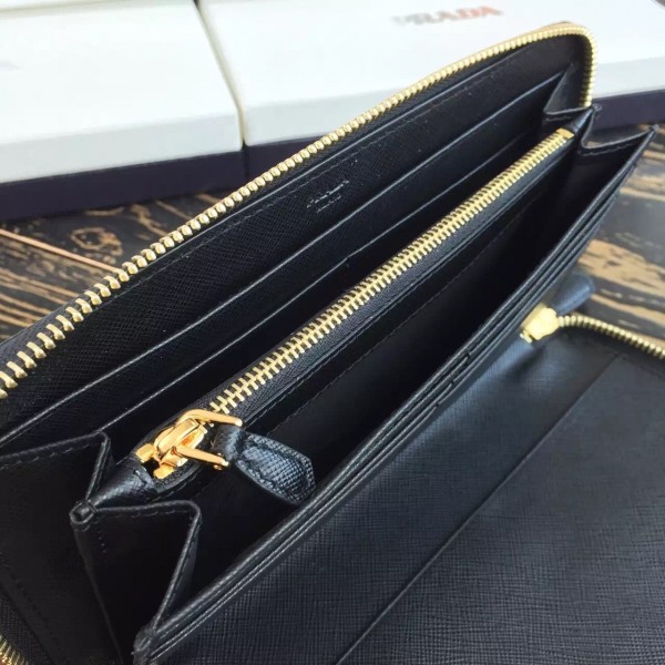 Prada Large Zipped Wallet In Black Saffiano Leather High