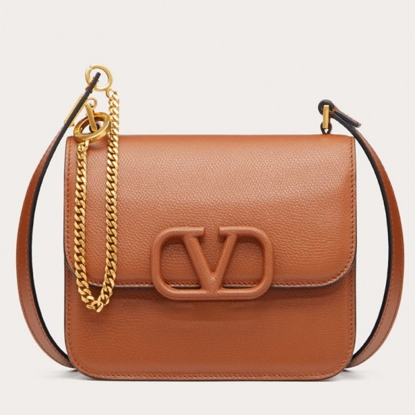 Valentino Small Vsling Shoulder Bag In Brown Grainy Leather High