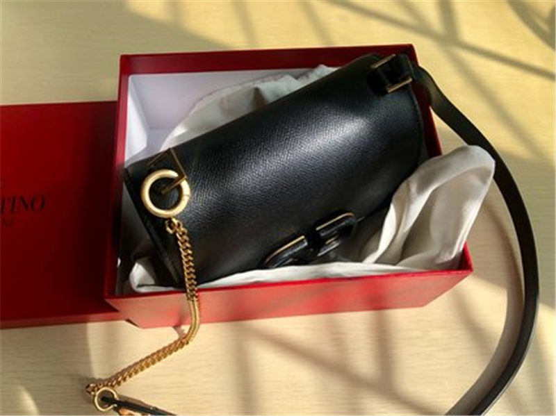 Valentino Small Vsling Shoulder Bag In Black Grainy Leather High