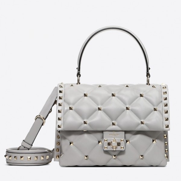 Valentino Light Grey Quilted Candystud Top Handle Bag High