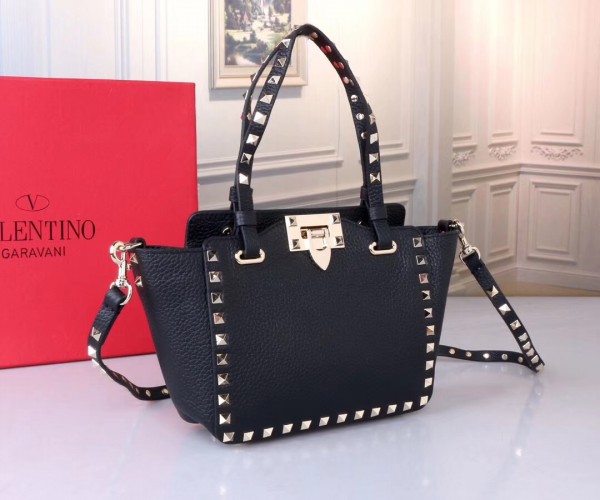 Valentino Mini Tote In Black Grain Calfskin High