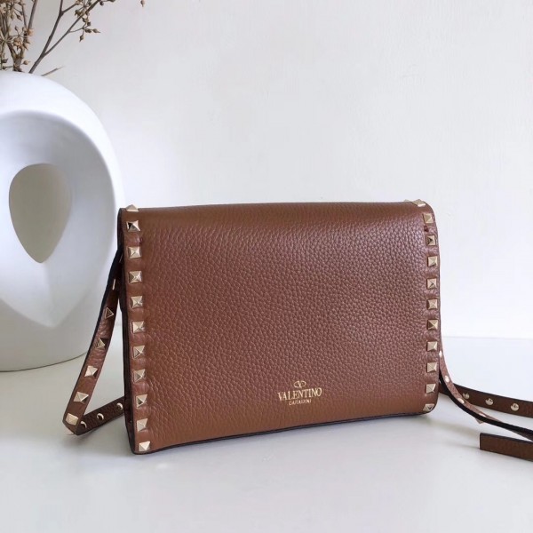 Valentino Small Crossbody Bag In Brown Grained Leather High