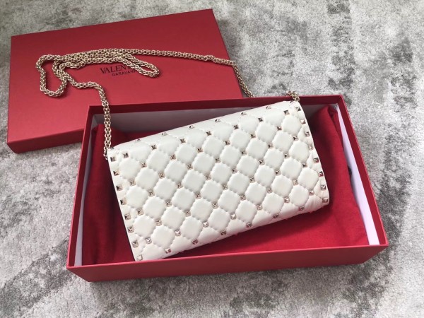 Valentino Spike Chain Clutch Lambskin  In White High