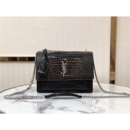 SUNSET MEDIUM IN CROCODILE EMBOSSED SHINY LEATHER Silver-Metal Black High