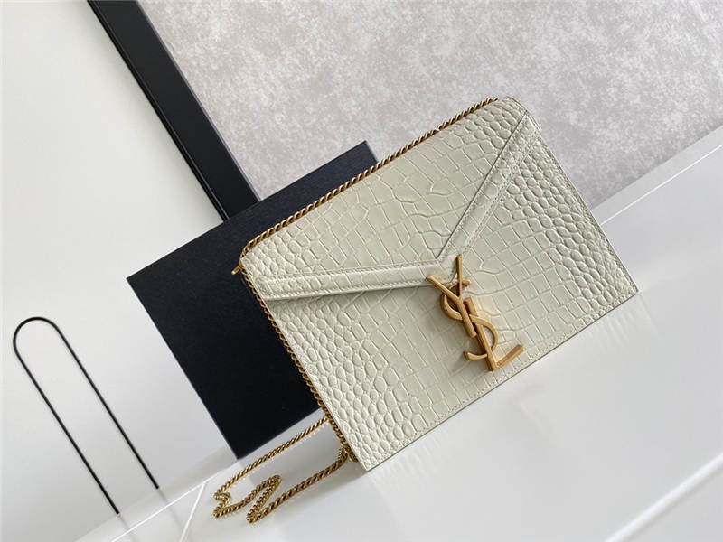 CASSANDRA MEDIUM CHAIN BAG IN CROCODILE-EMBOSSED SHINY LEATHER White High